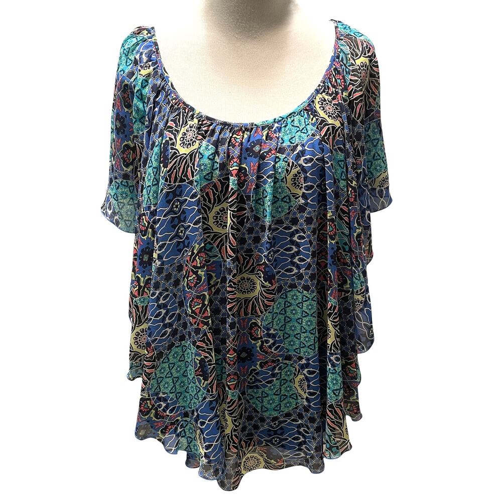 Cato Flowy Top Womens Medium Blue Floral & Attached Navy Tank Loose Relaxed
